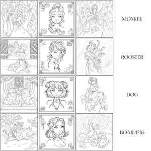 Lunar Zodiac Art & Coloring Book + Digital Download Bundle - DELUXE Version of Dover Published "Lunar"