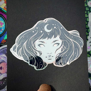 Holographic Galaxy Moon Girl Sticker